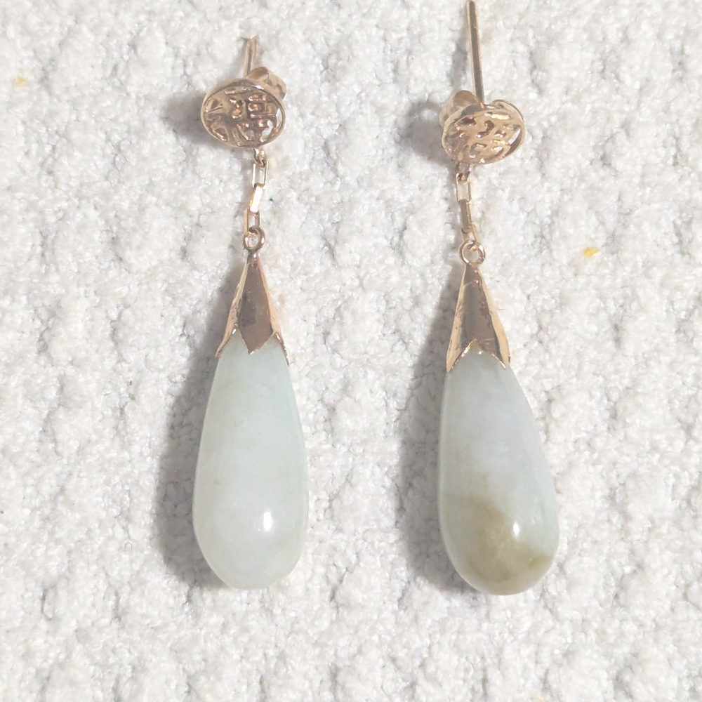 14k Solid Gold Jade Teardrop Earrings
